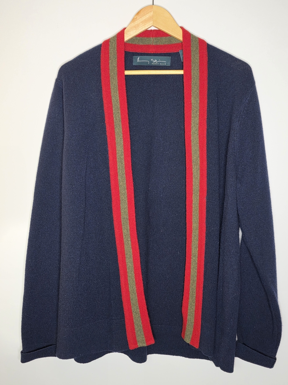 Perry Ellis Men's 100% Lambswool Cardigan with Red and Green front trim large